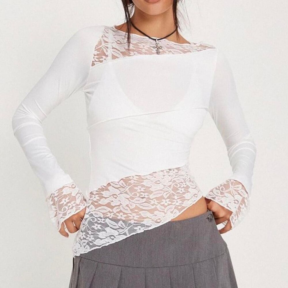 Lace Panel White Long Sleeve Shirt - Picture 1 of 3